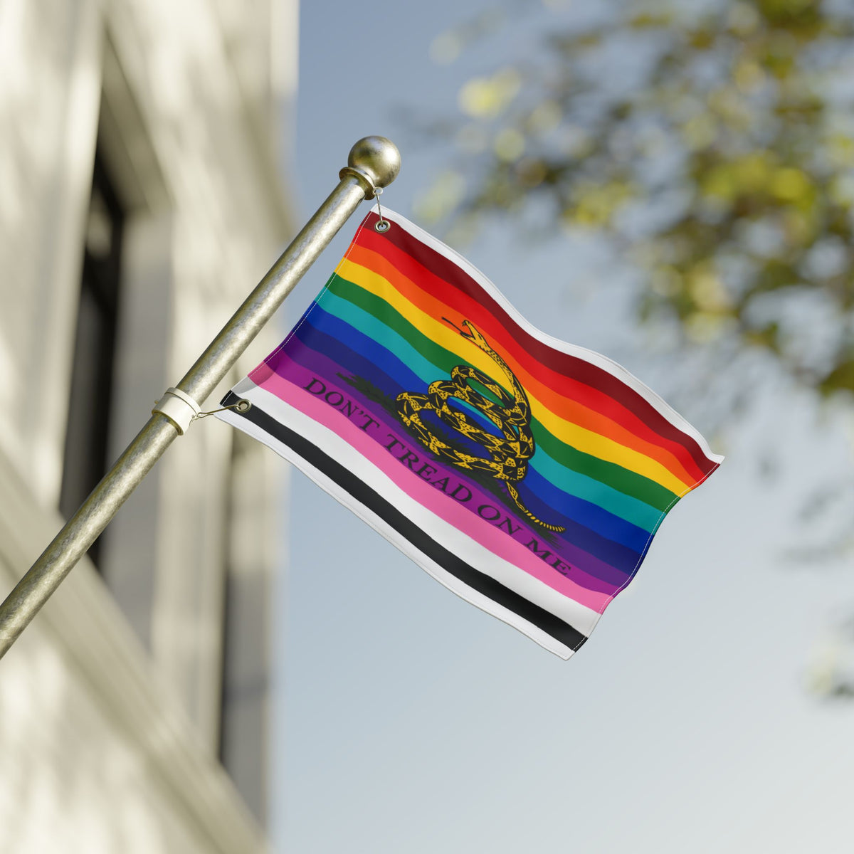 Pride Gadsden Flag — Double-Sided "Don't Tread On Me" Rainbow Flag
